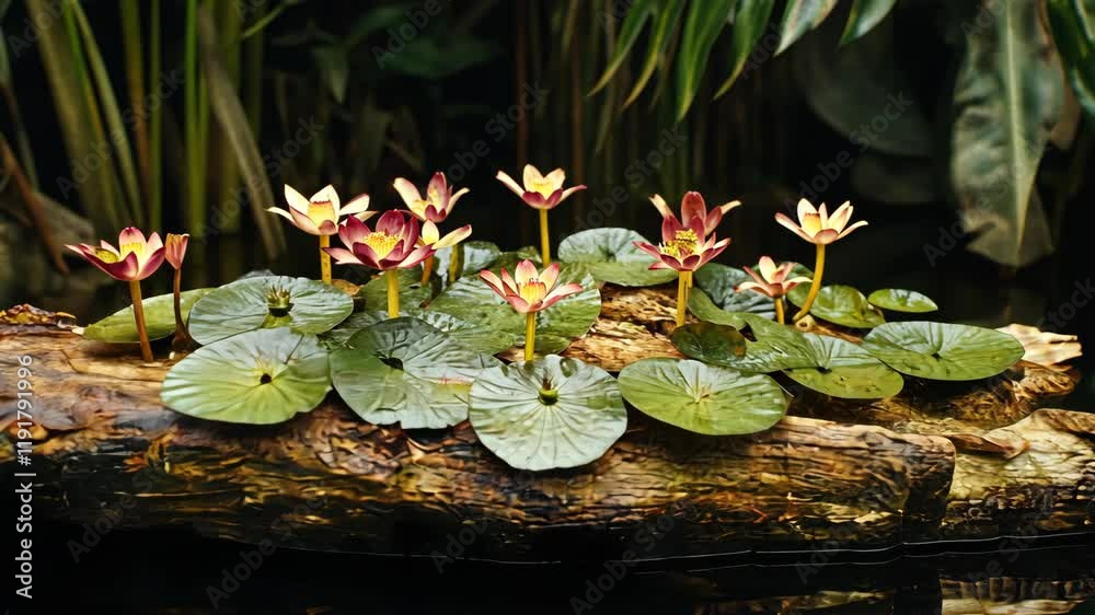 Colorful water lilies bloom on a log in a serene pond surrounded by lush greenery during daylight
