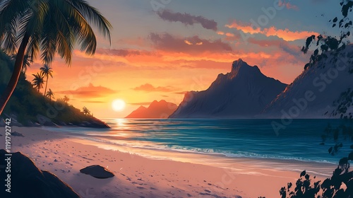 Fototapeta Naklejka Na Ścianę i Meble -  vector illustration beach with the sunset on background