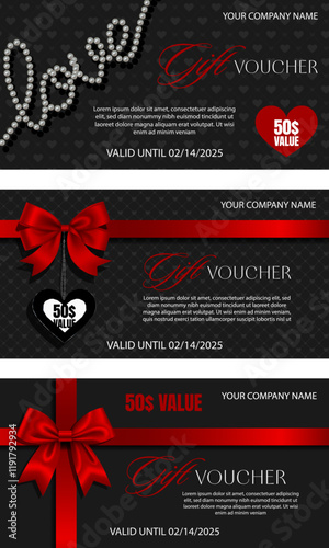 set of valentine's day gift cards. valentine gift voucher with bow and ribbons and jewels