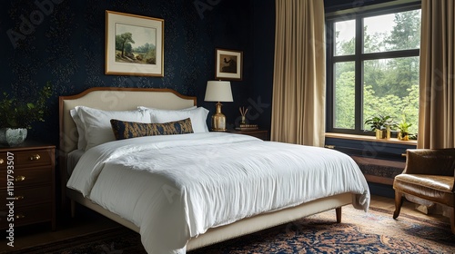 Contemporary bedroom featuring navy wallpaper, cream upholstered bed, and brass decor, stylish and elegant