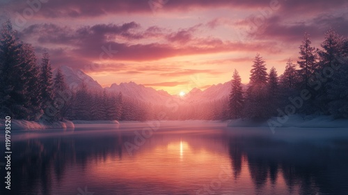 Winter Sunset Serenity: A Breathtaking Alpine Lake Reflecting a Fiery Sky
