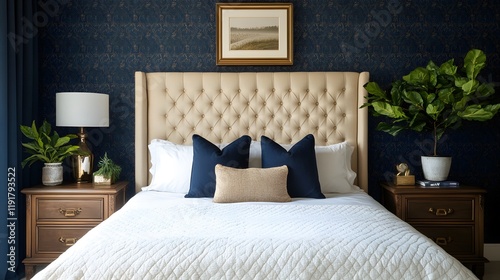 Contemporary bedroom featuring navy wallpaper, cream upholstered bed, and brass decor, stylish and elegant