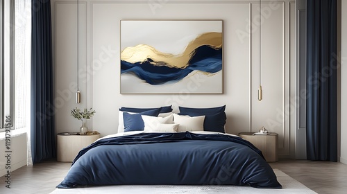 Minimalist design featuring navy bedding, cream walls, and abstract gold art, understated elegance photo