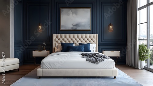 A modern bedroom with navy feature wall, cream upholstered bed, and gold accents, stylish and elegant