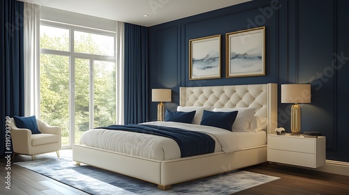 A modern bedroom with navy feature wall, cream upholstered bed, and gold accents, stylish and elegant