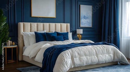 A modern bedroom with navy feature wall, cream upholstered bed, and gold accents, stylish and elegant