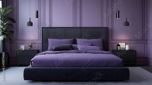 A modern bedroom with soft lavender walls, a deep charcoal gray upholstered bed, and sleek black bedside tables, minimal and elegant photo