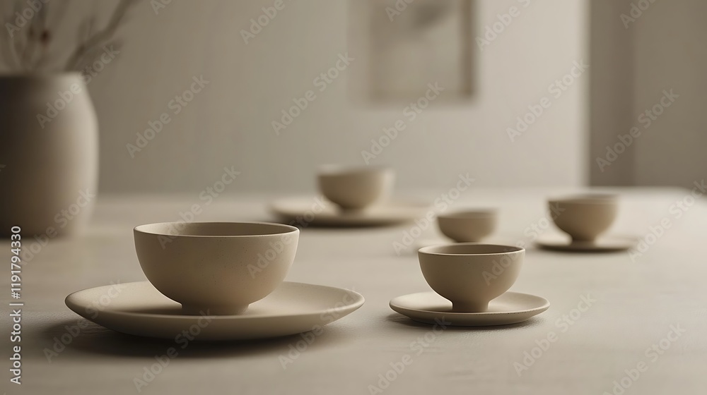 Fototapeta premium Minimalist beige ceramic cups and saucers on table
