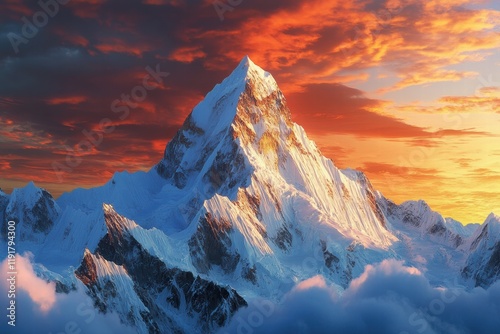 Majestic mountain peaks illuminated by sunrise with vibrant colors in the sky and clouds surrounding the summit. Generative AI photo