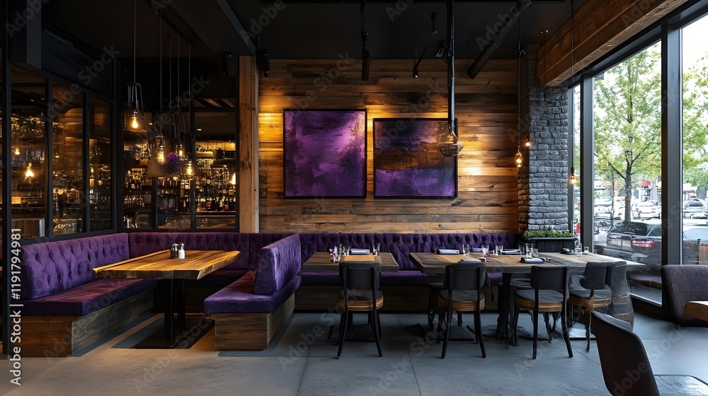 Fototapeta premium Industrial-chic design with lavender accents, charcoal walls, and bold black lighting, modern and rugged
