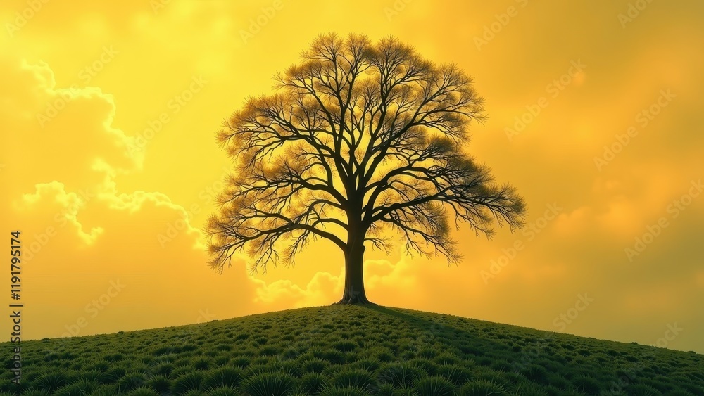 Obraz premium A solitary tree stands atop a hill, its silhouette stark against a vibrant yellow sky dotted with fluffy cumulus clouds. Dark green leaves carpet the surrounding hillside beneath the expansive blue he