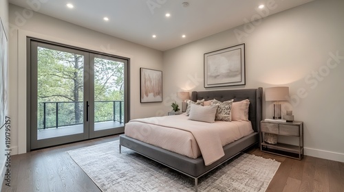 Minimalist bedroom featuring blush pink bedding, a charcoal gray bed frame, and silver lighting, understated and refined