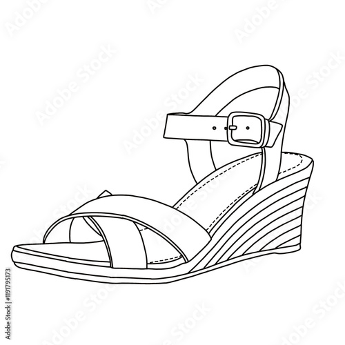 Women's Espadrille Wedge Sandal With Cross Strap Model line art, Technical sketch hand drawing outline vector doodle side isometric view isolated on white background for coloring page