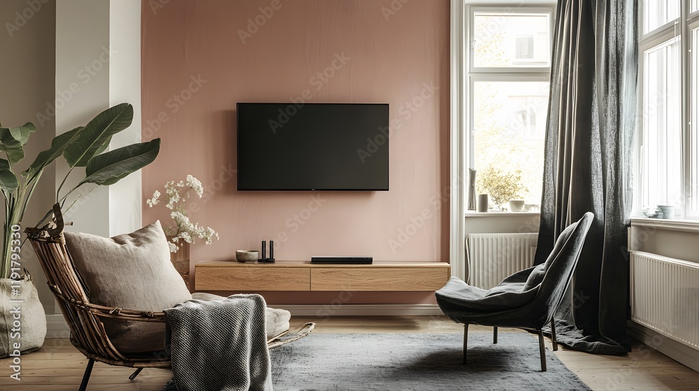 Fototapeta premium Scandinavian-inspired room with blush pink walls, charcoal curtains, and minimalist wooden decor, fresh and tranquil