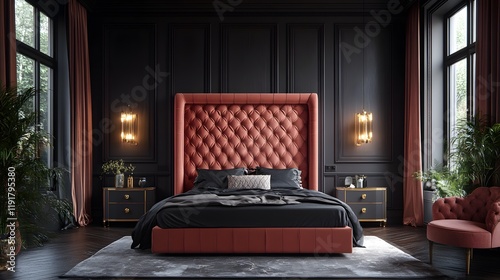 A luxurious bedroom with blush pink upholstered bed, warm charcoal walls, and metallic gold decor, elegant and stylish