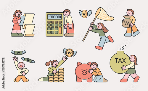 Small and cute people are burdened with taxes. Financial items and flying money. People who are sad because their assets are decreasing. Cuttiny character with outline.