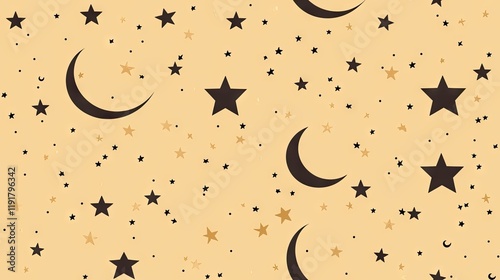 Celestial Night Pattern Stars, Moons, Beige Background. Ideal for textile design photo