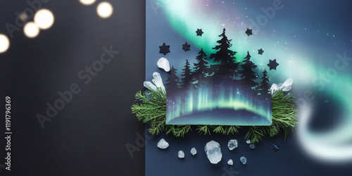 Magical Northern Lights Forest Scene with Crystals Stars
