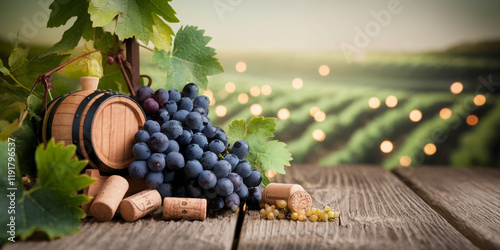 Wine Barrel Grapes Corks Vineyard Background Rustic Autumn Harvest