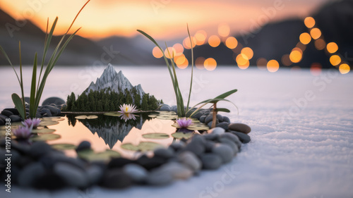 Serene Sunset Miniature Mountain Lake Water Lilies Zen Garden