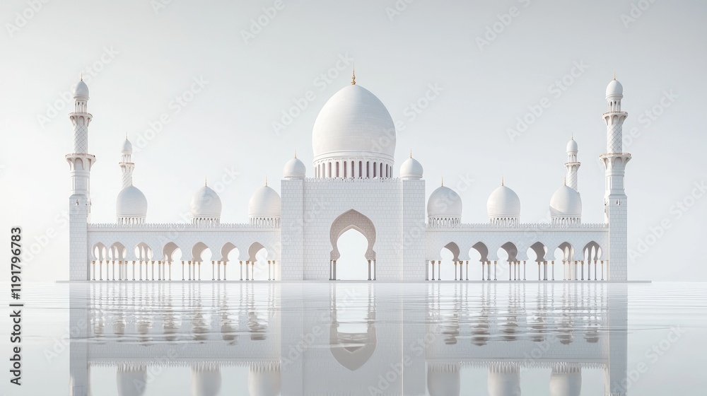 Obraz premium Majestic white mosque reflecting in calm water, serene morning light. Use travel brochure