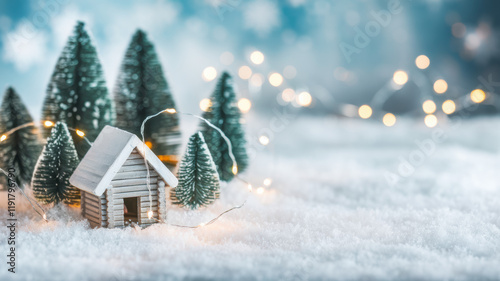 Cozy Winter Cabin Scene Snow Trees Lights Festive