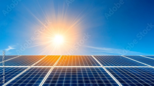 Solar panels converting sunlight into sustainable energy under a bright blue sky, representing the future of clean and renewable power generation while promoting environmental protection photo