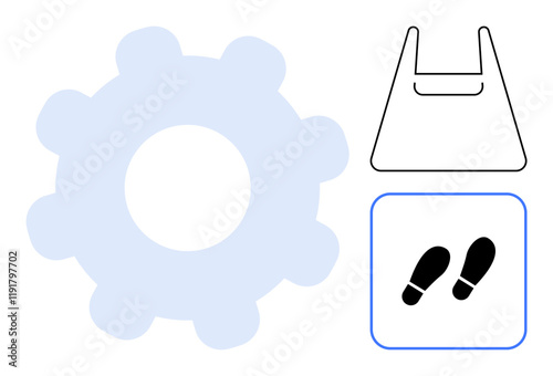 Gear mechanism, shopping bag outline, step footprints. Ideal for industry, commerce, logistics, productivity, shopping navigation process flow concepts. Abstract line flat metaphor