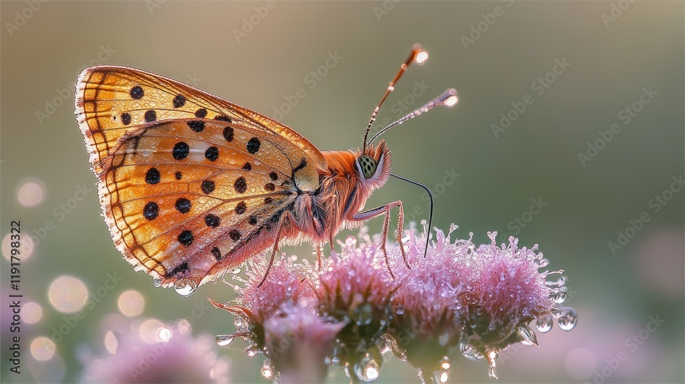 Obraz premium Dew-kissed butterfly on flower, sunrise meadow
