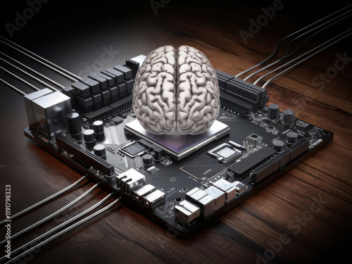 Una ilustración digital de la placa base de una computadora con un cerebro humano en el medio
 photo