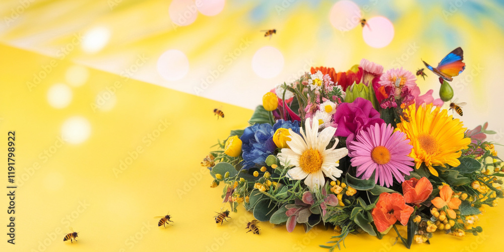 Obraz premium Vibrant Summer Bouquet with Bees Butterfly on Yellow