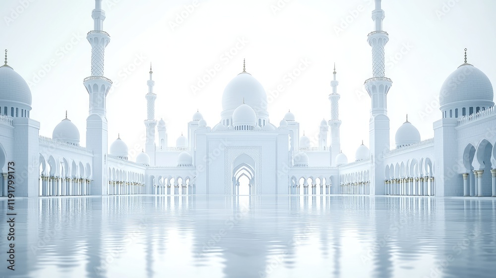 Obraz premium Grand Mosque, serene reflection, peaceful morning, architectural marvel, travel brochure
