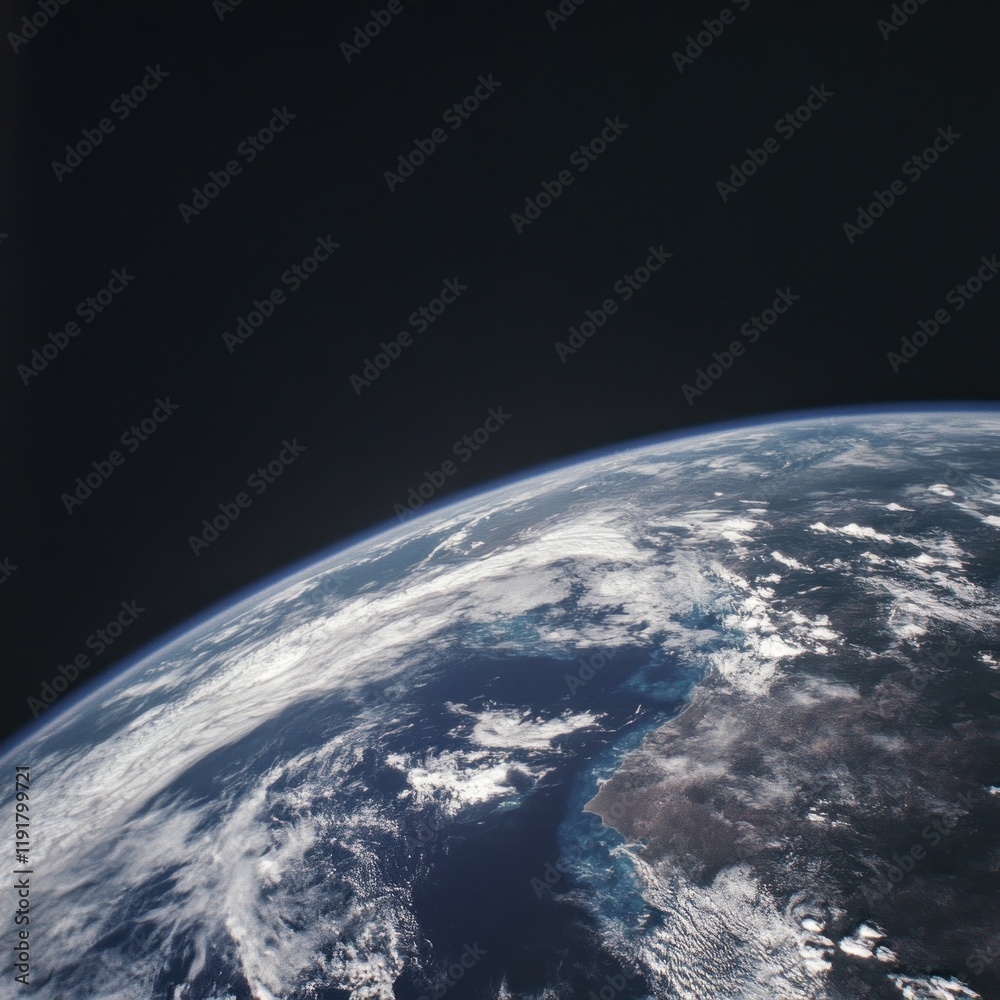 Fototapeta premium Earthrise view from space, clouds, atmosphere, dark background, planet overview