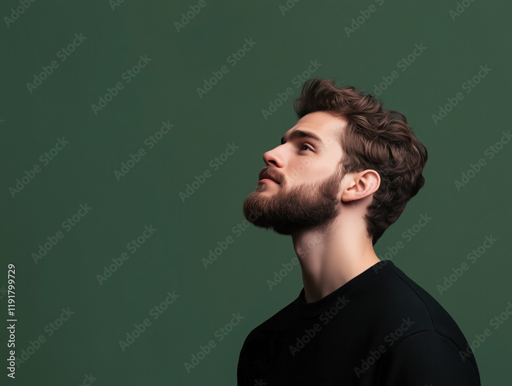 Profile Portrait of Bearded Man Against Green Background Profile Portrait of Bearded Man Against Green Background