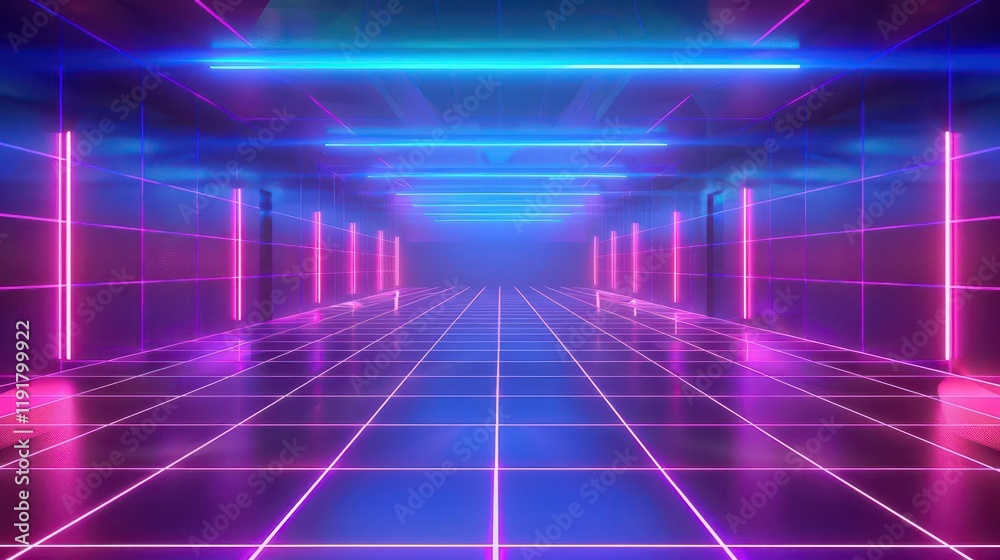 A futuristic corridor illuminated by vibrant neon lights and a reflective floor. A futuristic corridor illuminated by vibrant neon lights and a reflective floor.