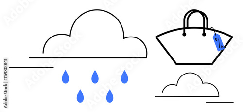 Clouds with blue raindrops next to a tote bag with blue tags, minimalistic design. Ideal for weather, shopping, fashion, minimalism, sustainability, seasons and lifestyle themes. Abstract line flat