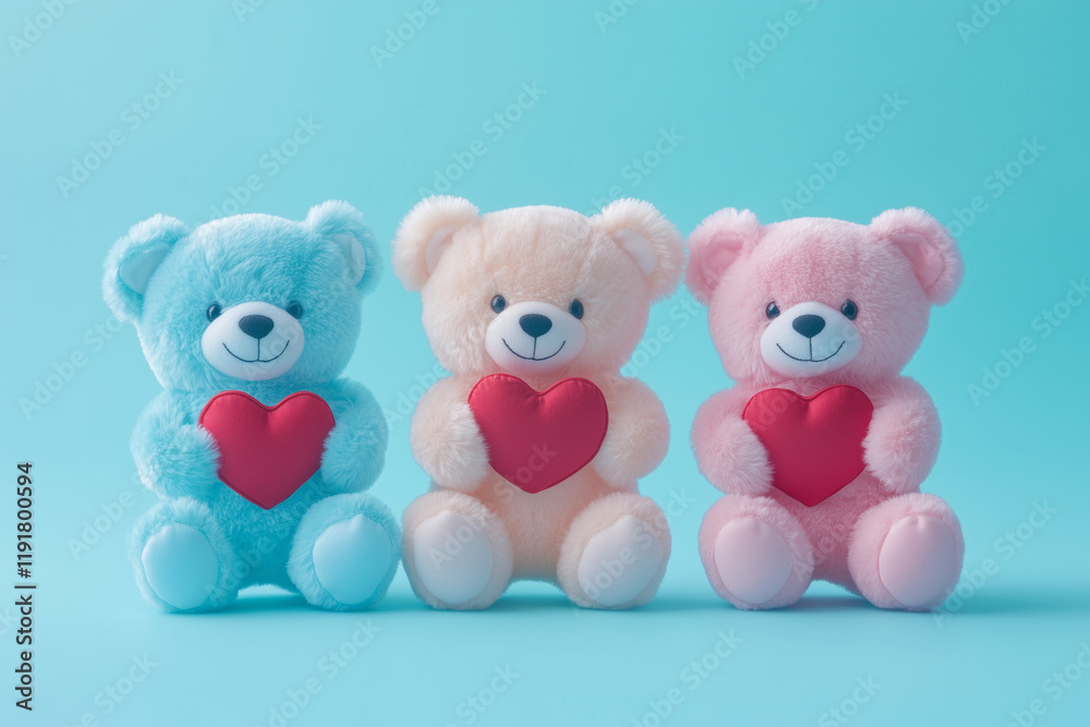 Teddy bears holding red hearts for Valentine's Day isolated on a colorful background Teddy bears holding red hearts for Valentine's Day isolated on a colorful background
