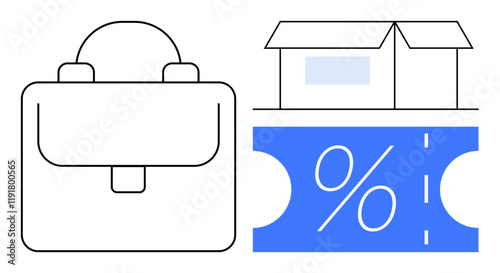 Briefcase symbolizing work, blue discount coupon highlighting savings, and storefront illustrating business operations. Ideal for commerce, retail, business strategy, sales promotions, financial