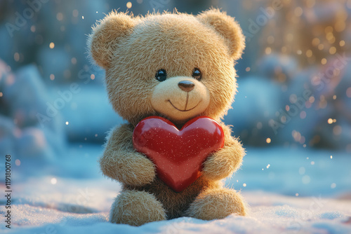 Cute teddy bear holding red heart Valentines Day isolated color background
