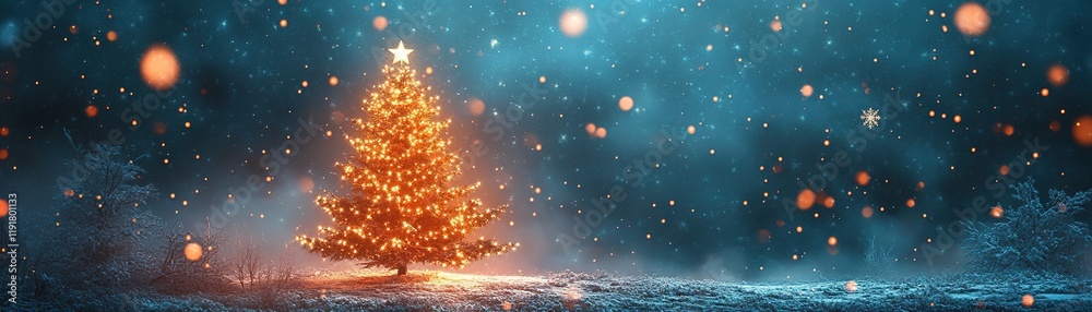 Magical christmas tree lighting winter wonderland digital art nighttime enchanting atmosphere Magical christmas tree lighting winter wonderland digital art nighttime enchanting atmosphere
