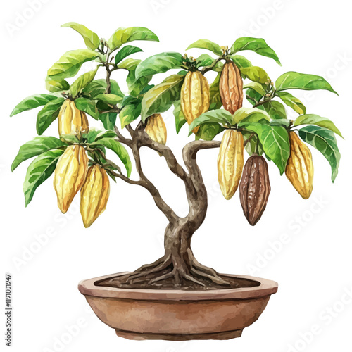 A watercolor painting of a cacao tree bonsai, isolated on a white background. Cacao Tree Bonsai vector.
