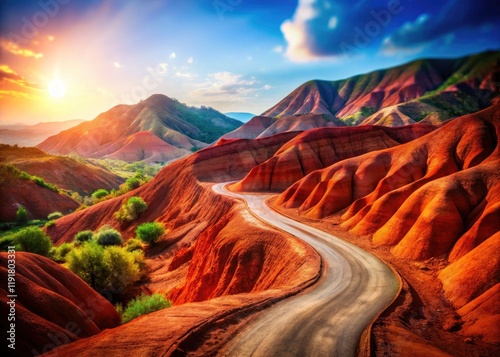 Big Bogdo Mountain Road, Red Clay, Bokeh, Travel Photography, Scenic Landscape, Azerbaijan photo