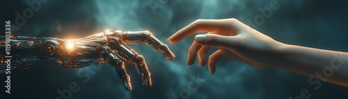 Human and robot index fingers touching, symbolizing AI partnership, machine learning collaboration, tech world innovation, digital evolution, futuristic humanrobot connection photo