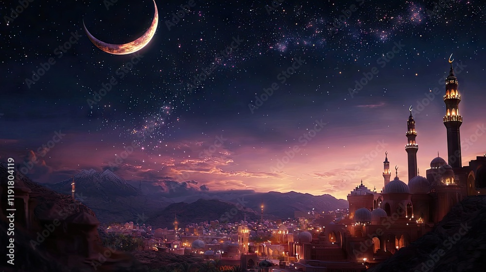 Naklejka premium Night cityscape, crescent moon, stars, mountains, Muslim architecture, Ramadan greeting