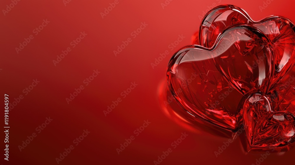Red glass hearts on red background; Valentine's Day card design Red glass hearts on red background; Valentine's Day card design