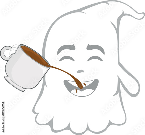 vector illustration character ghost cartoon, drinking a cup of coffee