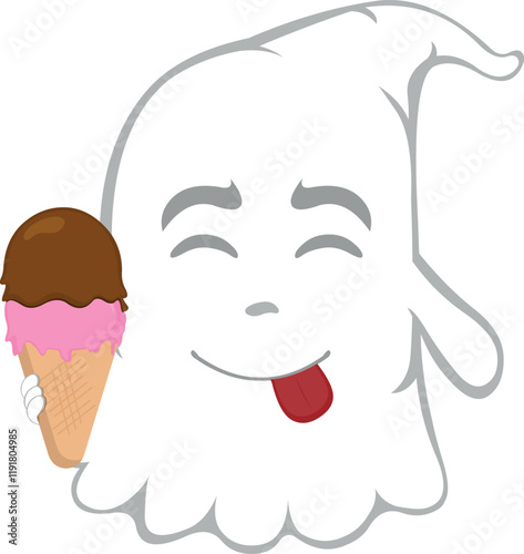 vector illustration character ghost cartoon, with an ice cream  wafer cone in his hand and an yummy expression