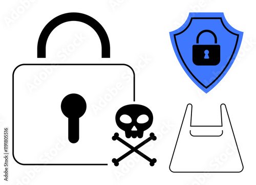 Lock, skull and crossbones, blue shield with lock, and outline of a bag imply cybersecurity concerns. Ideal for security awareness, data protection, cyber threats, online safety, malware prevention