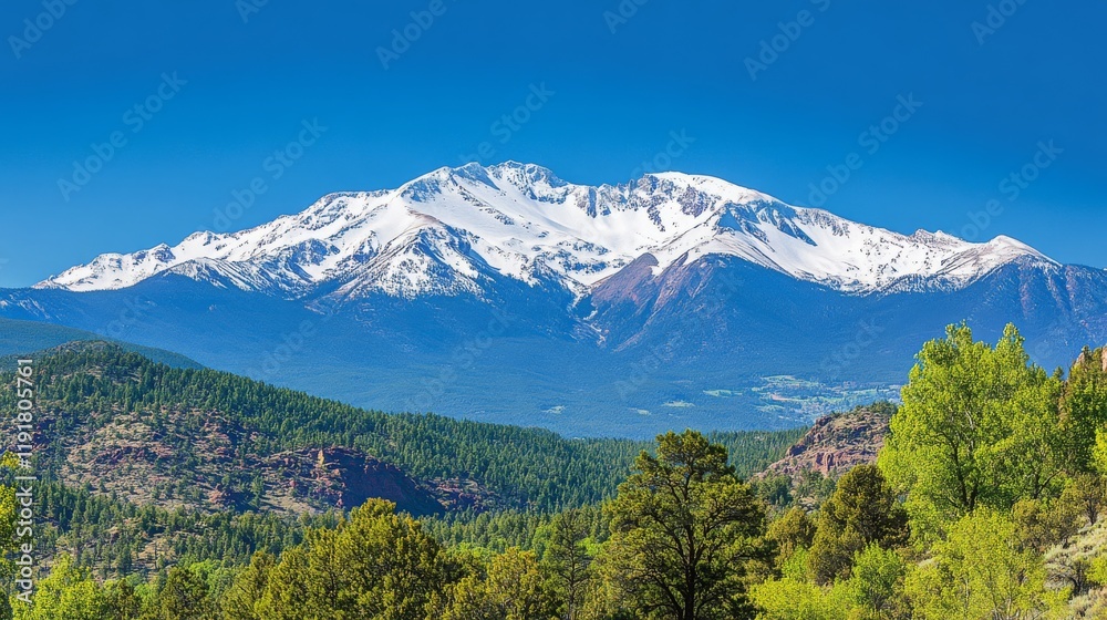Stunning Scenic View of Snow-Capped Mountains Under a Clear Blue Sky with Lush Greenery in the Foreground and Vibrant Nature All Around Stunning Scenic View of Snow-Capped Mountains Under a Clear Blue Sky with Lush Greenery in the Foreground and Vibrant Nature All Around