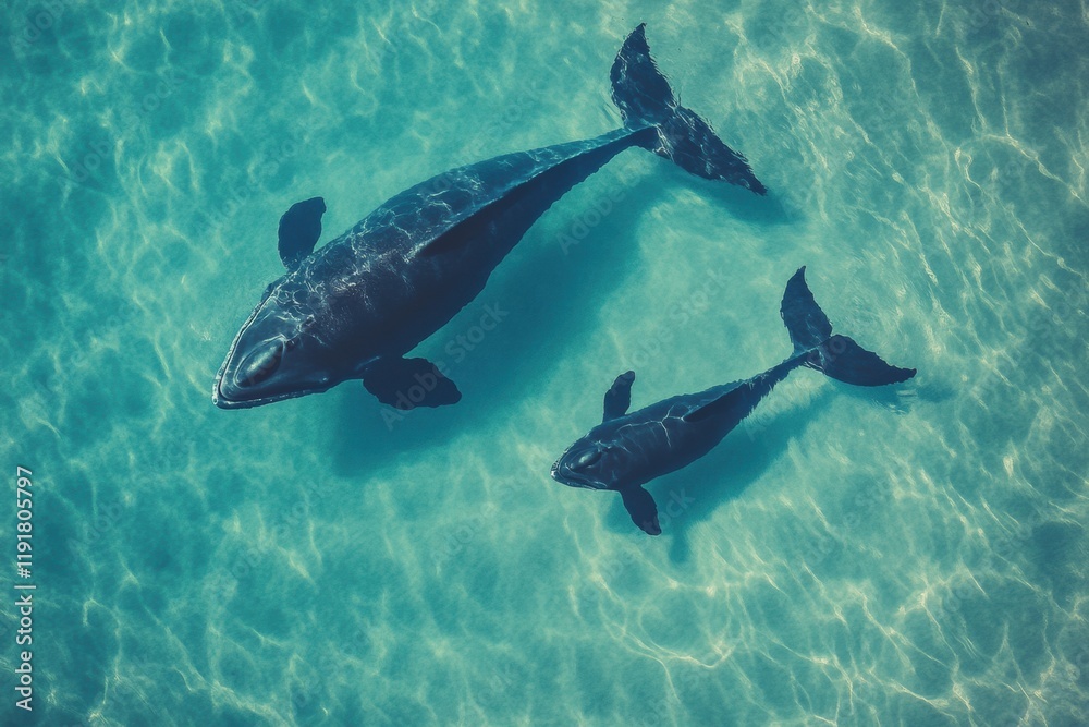 Mother whale and her calf swimming gracefully in clear blue ocean waters near a vibrant coral reef. Generative AI Mother whale and her calf swimming gracefully in clear blue ocean waters near a vibrant coral reef. Generative AI